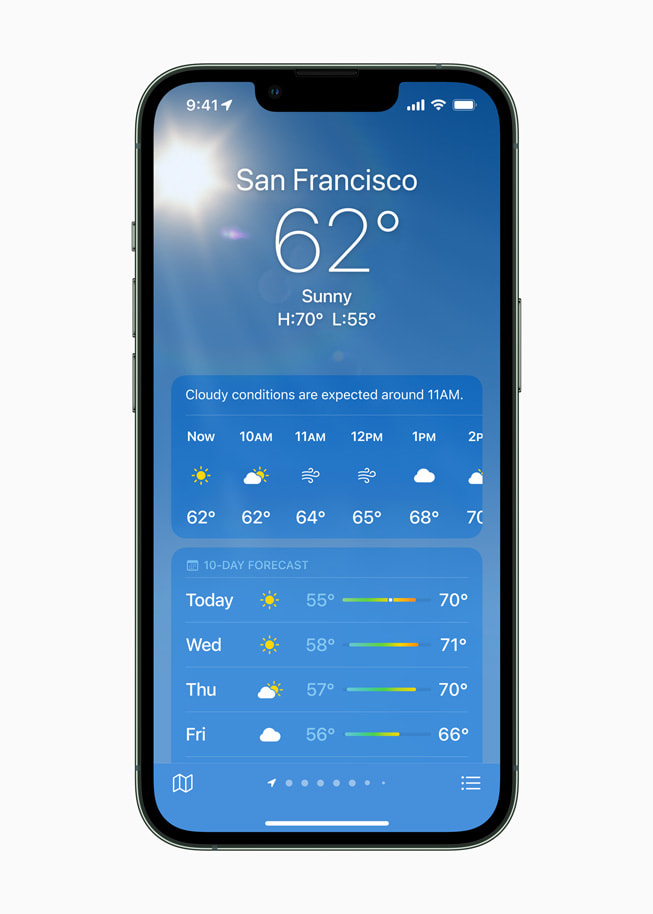 A weather forecast in the Weather app displayed on iPhone 13 Pro. 