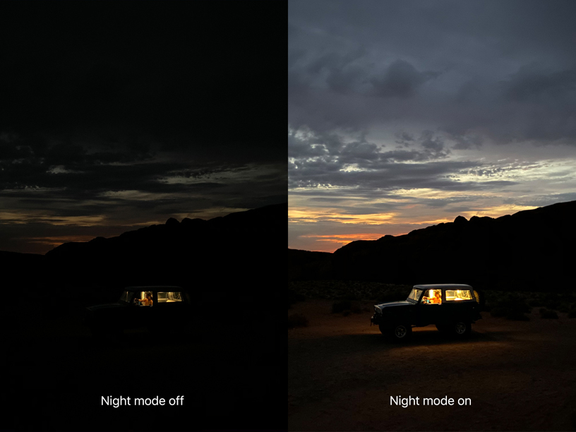 مقارنة لصورة التُقطت على iPhone قبل وبعد التقاطها في نمط الليل.
