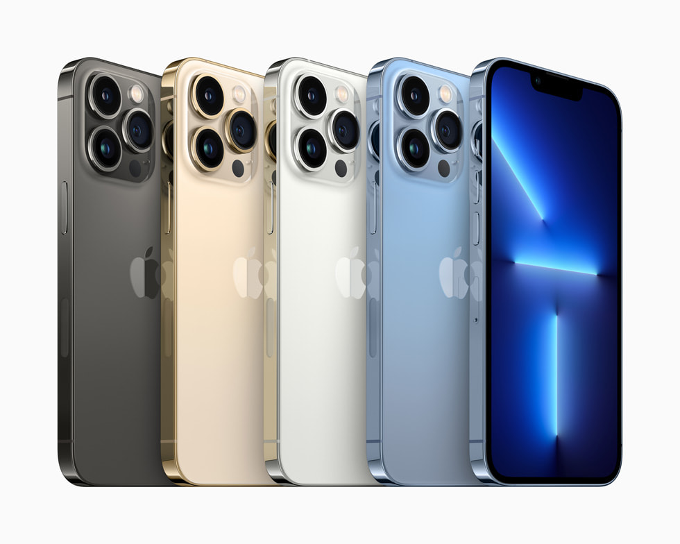 iPhone 13 Pro в четырёх цветах: графитовый, золотой, серебристый и небесно-голубой.