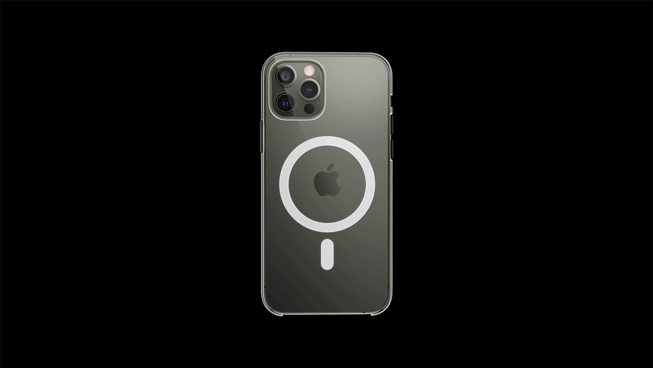 MagSafe 충전기를 iPhone 12 Pro에 편리하고 안전하게 부착하는 모습을 보여주는 GIF.