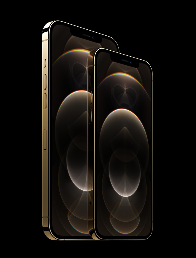 Altın rengi paslanmaz çelik iPhone 12 Pro ve iPhone 12 Pro Max modeli.