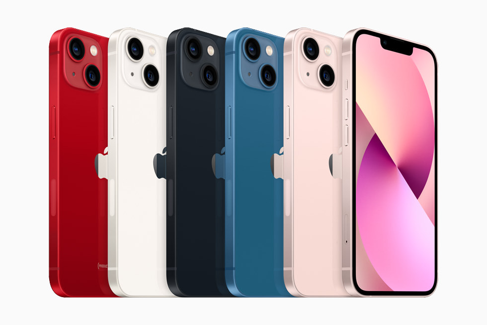 (PRODUCT)RED, 스타라이트, 미드나이트, 블루, 핑크의 iPhone 13 라인업.