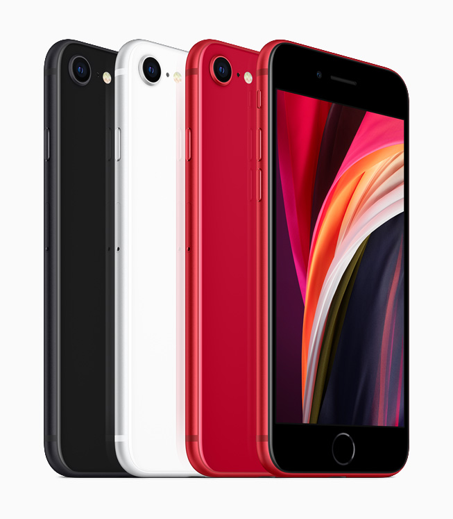 Siyah, beyaz ve (PRODUCT)RED iPhone SE modelleri.
