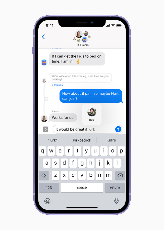 The Messages app displayed on the purple iPhone 12. 