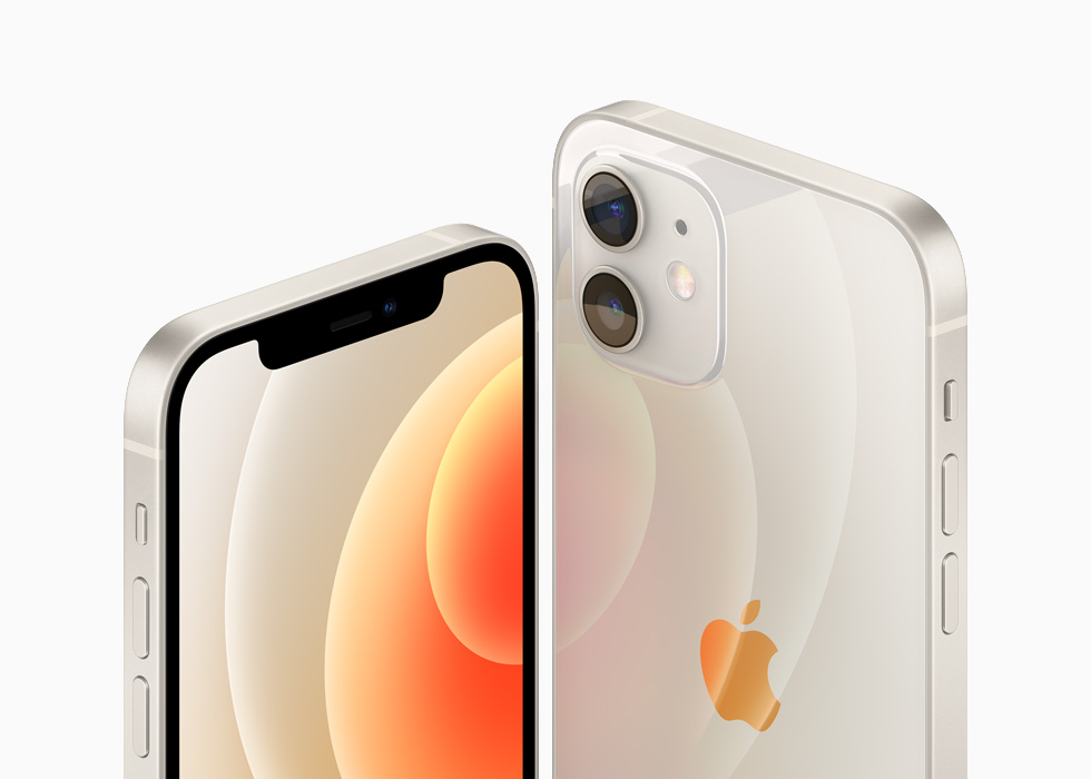 iPhone 12 and iPhone 12 mini in the white aluminium finish.