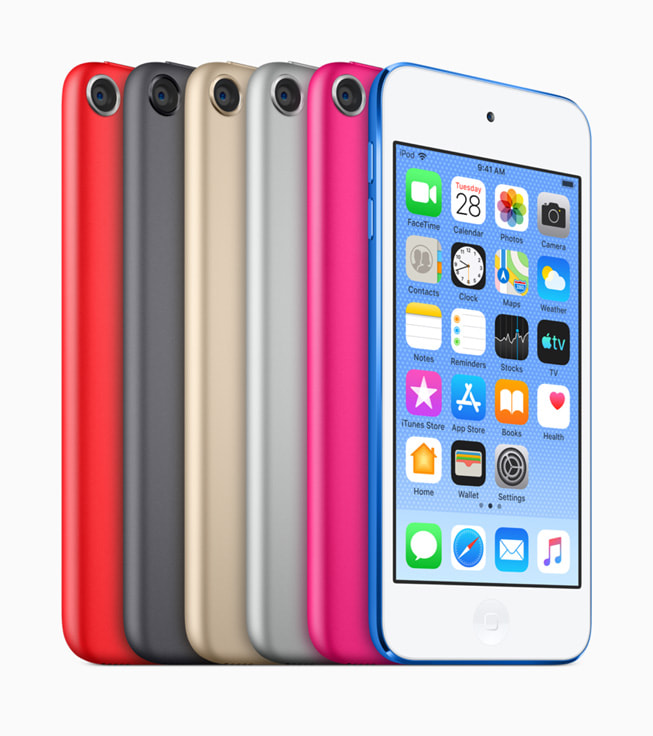 Sex iPod touch-enheter i olika färger visas.