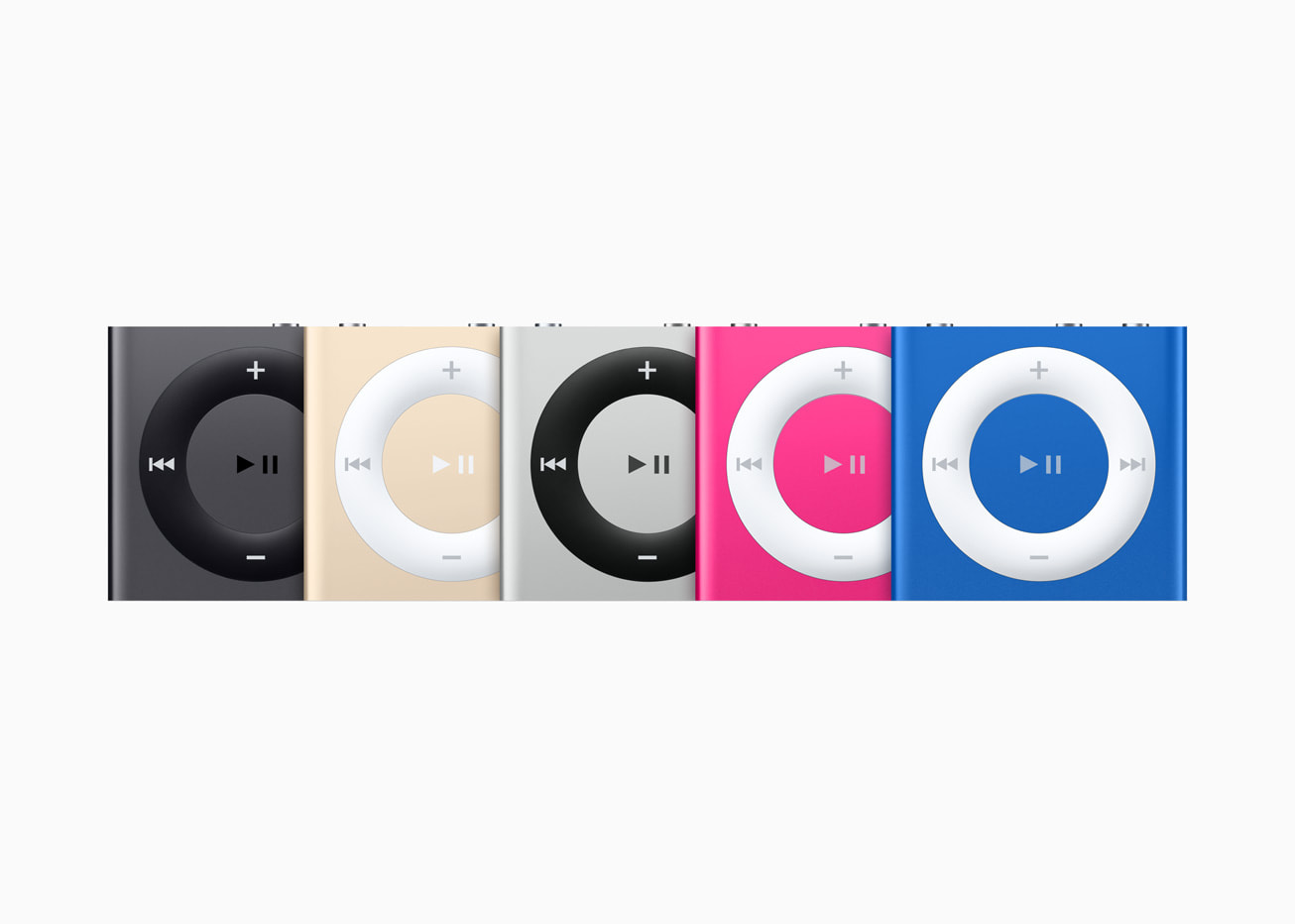 Image of five iPod Shuffle (4th generation) in different colors