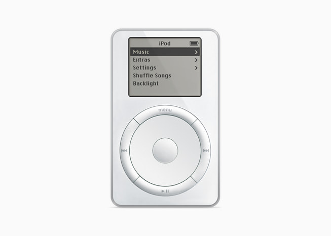 Den ursprungliga iPod-modellen visas.
