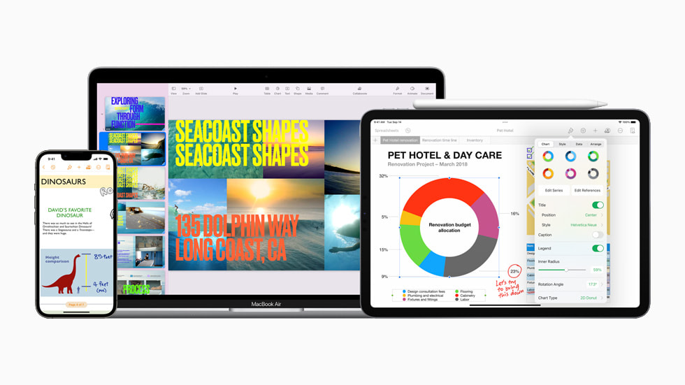 全新 Pages 顯示於 iPhone 13 上，Keynote 顯示於 MacBook Air 上，以及 Numbers 顯示於 iPad 上。