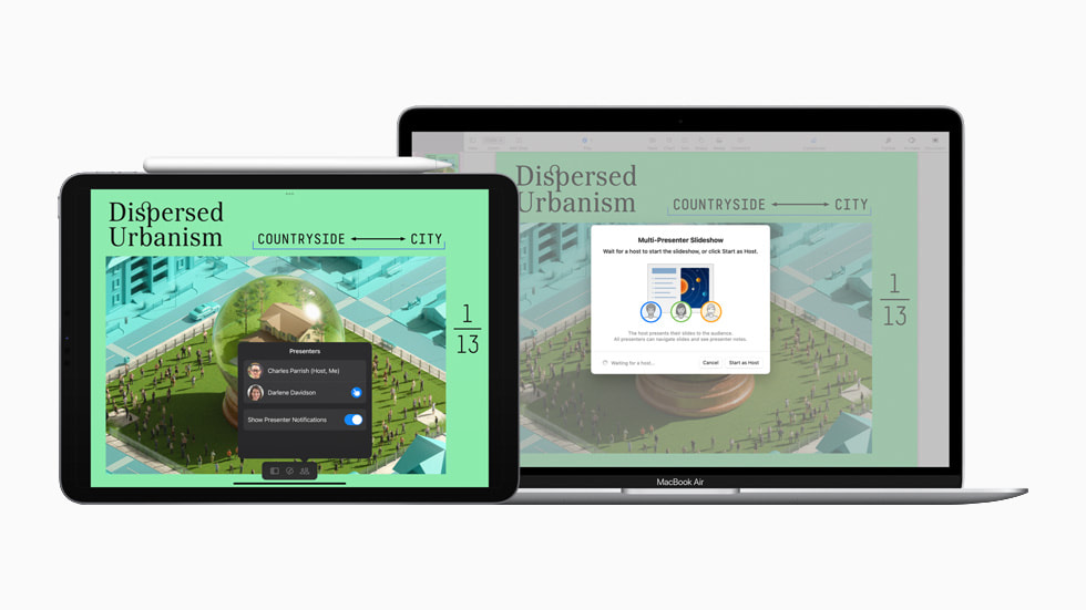 iPad and MacBook Air demonstrating multipresenter options in Keynote.