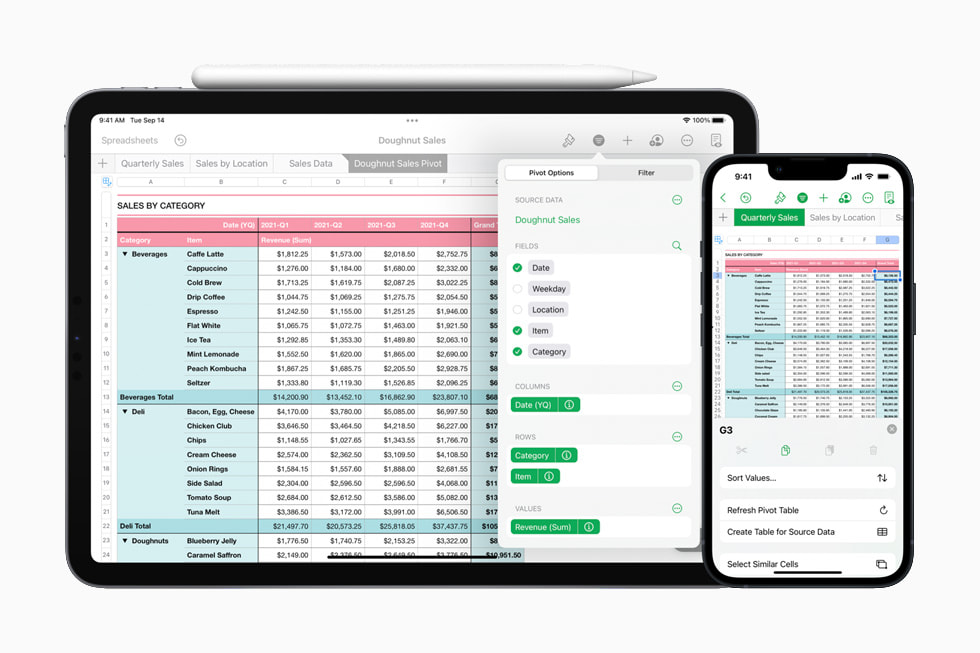 The pivot table menu in Numbers displayed on iPad.