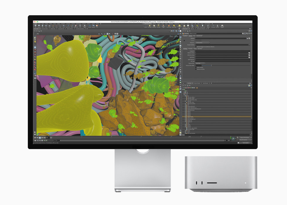 تطبيق Houdini معروض على شاشة Studio Display وMac Studio بدعم من شريحة M1 Ultra.