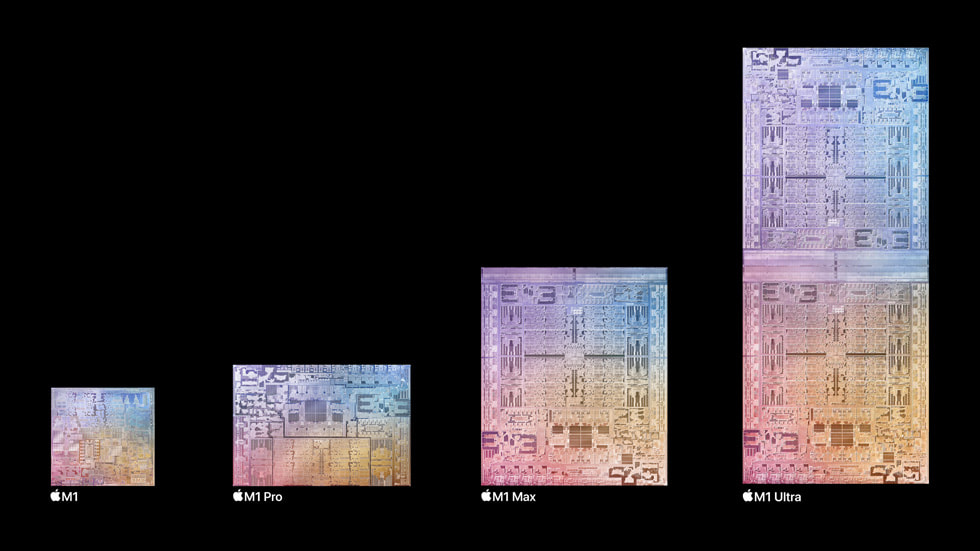 Die komplette Apple Chipfamilie, einschließlich M1, M1 Pro, M1 Max und M1 Ultra.