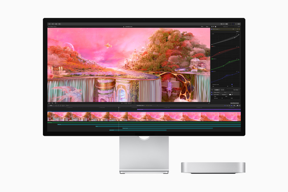 Se muestra un flujo de trabajo de animación en Studio Display y MacBook Pro.