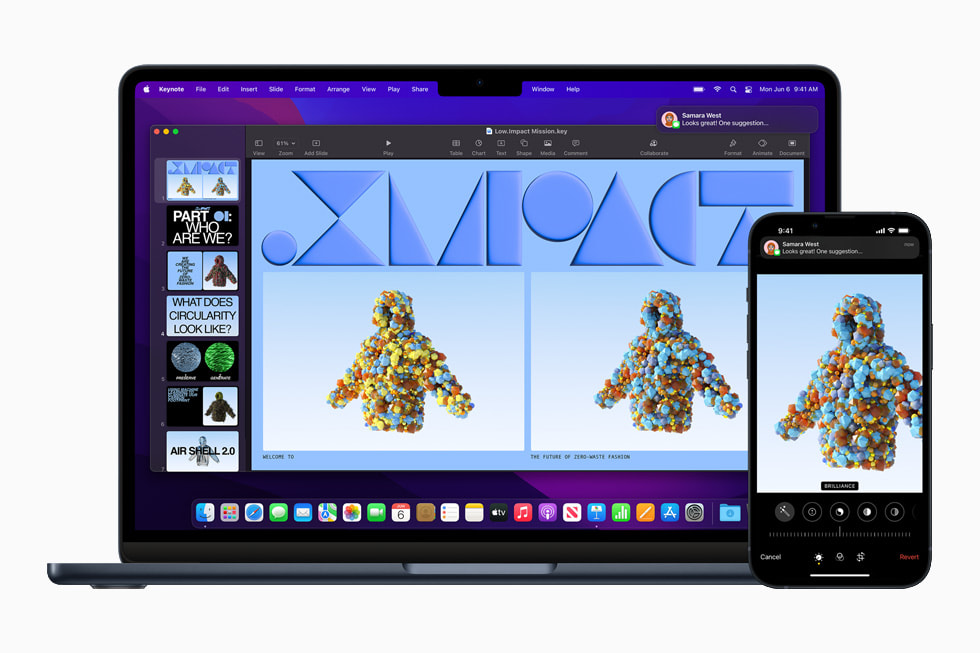 MacBook Air 미드나이트가 macOS에서 Continuity 앱을 활용해 iPhone 13 미드나이트와 연동하는 모습.