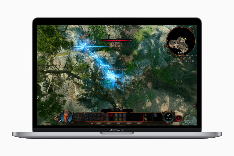 Das aktualisierte MacBook Pro in Space Grau beim Ausführen von Baldur's Gate.