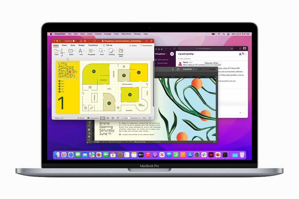La MacBook Pro actualizada en gris espacial ejecutando múltiples aplicaciones.