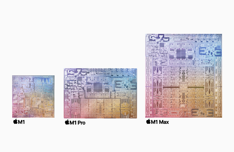 Os chips M1, M1 Pro e M1 Max são mostrados um ao lado do outro.
