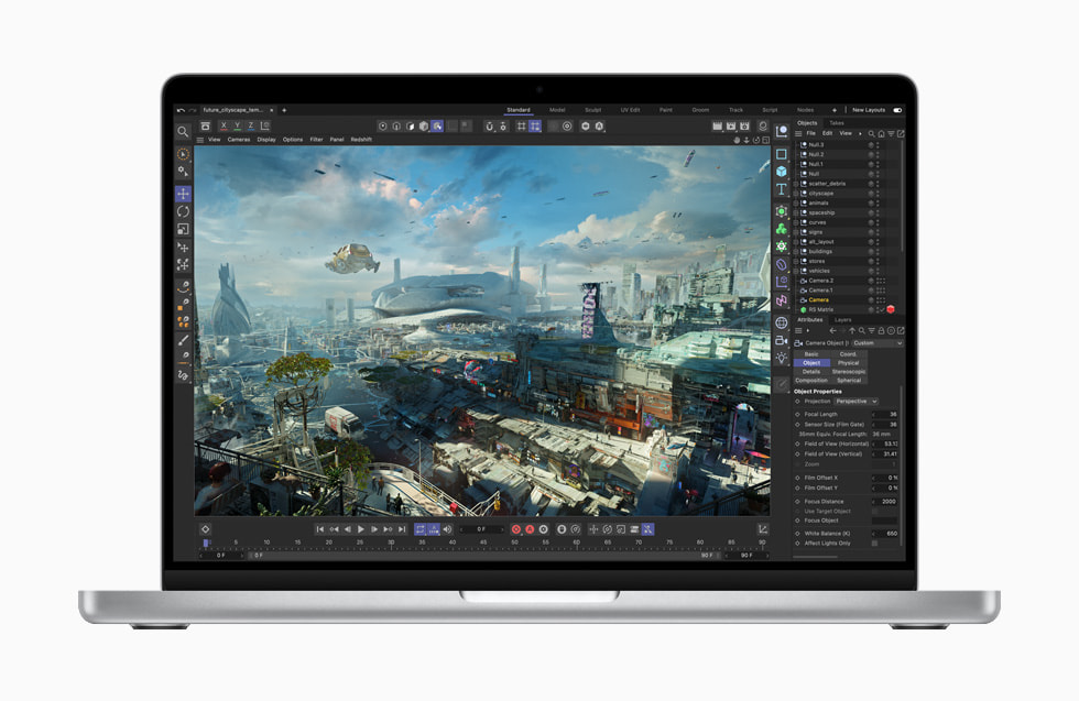 หน้าจอ MacBook Pro แสดงเวิร์กโฟลว์การตัดต่อแอนิเมชั่นระดับโปร