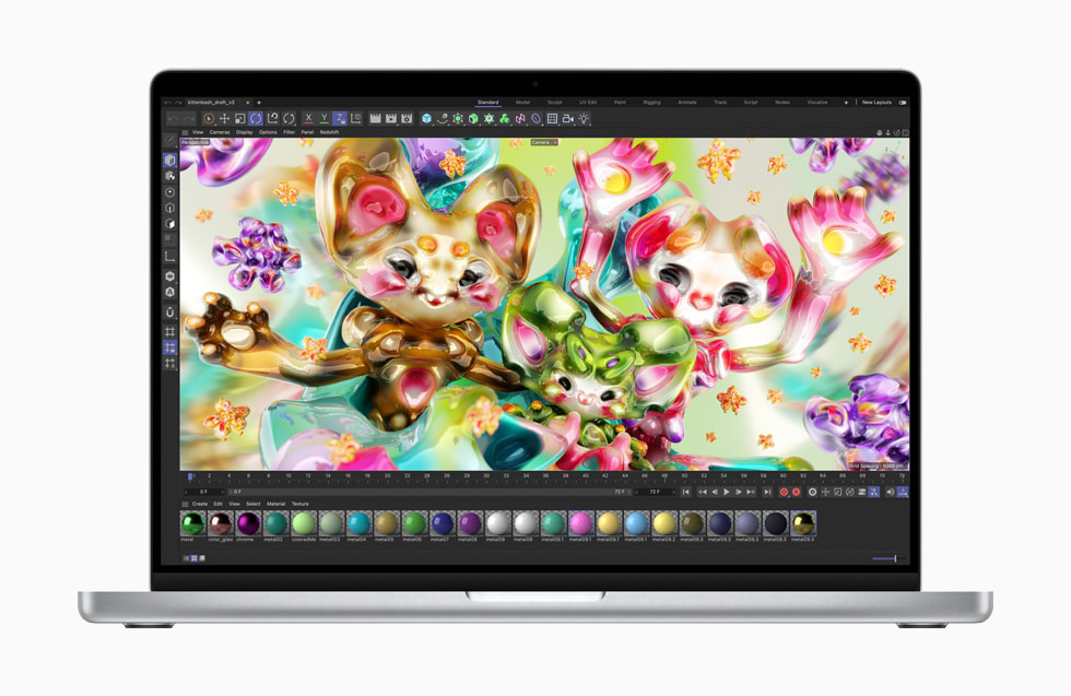 Se muestra una MacBook Pro con Maxon Cinema 4D en Redshift.
