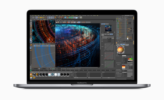 MacBook Pro showing renderings of 3D models on screen.