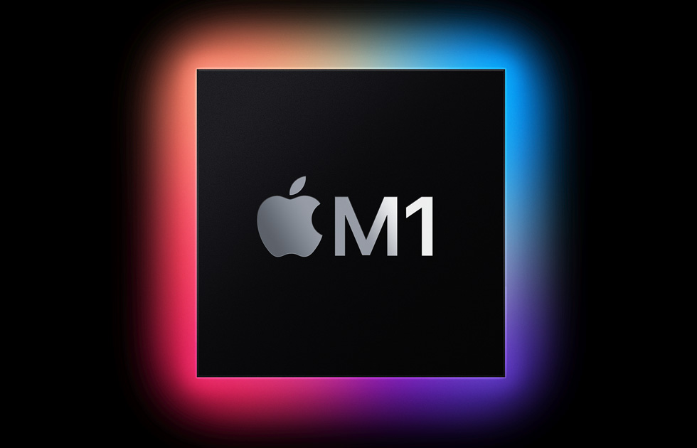 Um quadrado preto brilhante com o logotipo da Apple e “M1” impressos nele.