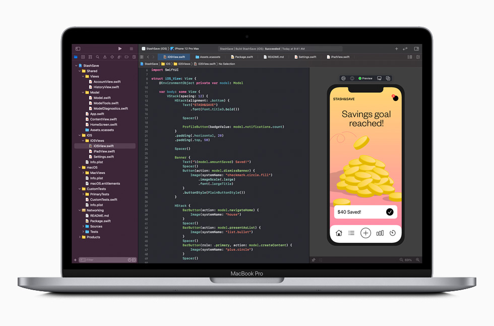 Xcode coding environment on MacBook Pro.