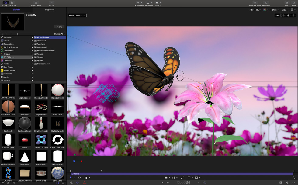 Motion 3D-innholdsbiblioteket i Final Cut Pro. 