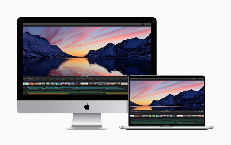 En ekstern arbeidsflyt vises på en iMac og en 16-tommers MacBook Pro.