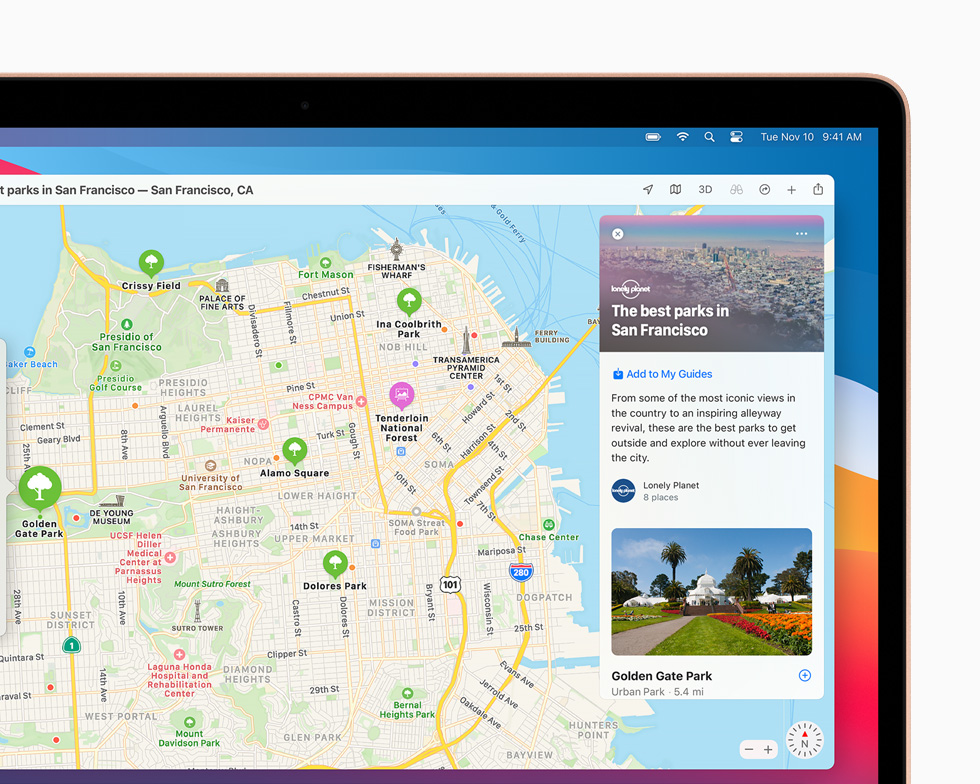 Guides for San Francisco in the Maps app are displayed on MacBook Pro.