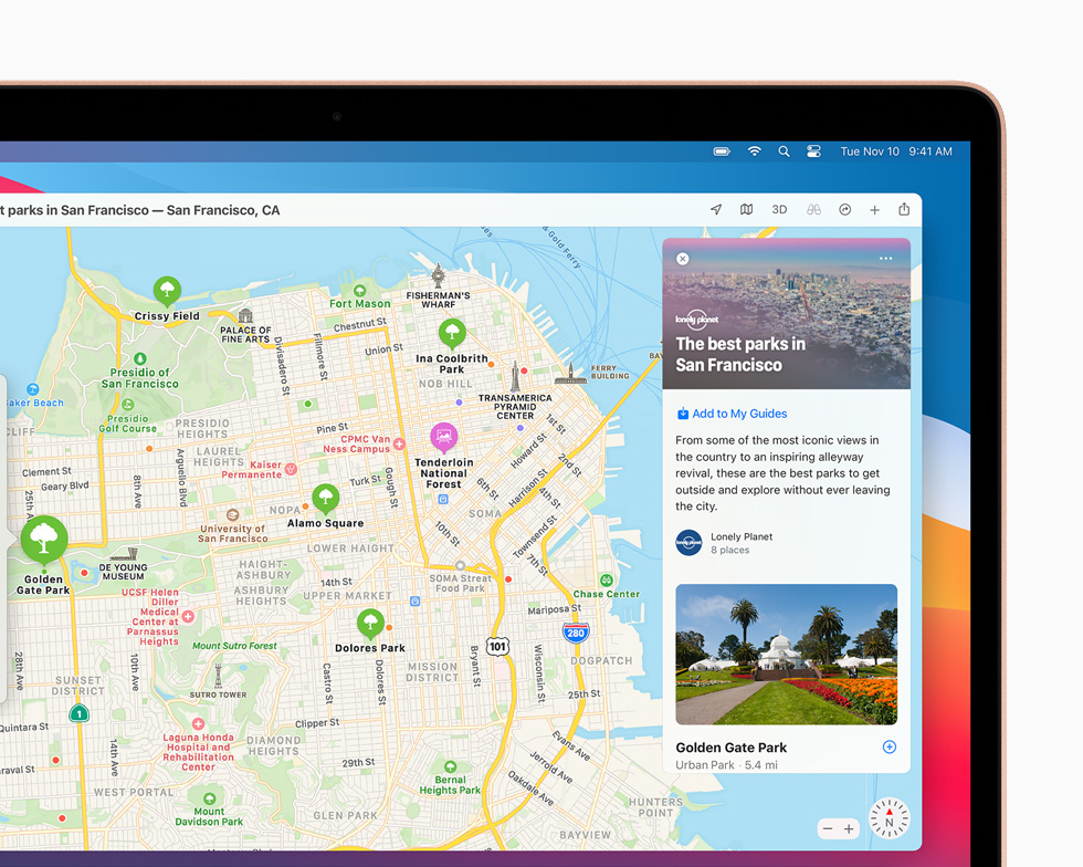 คุณสมบัติ "สถานที่น่าสนใจ" สำหรับซานฟรานซิสโกในแอพแผนที่ที่แสดงบน MacBook Pro