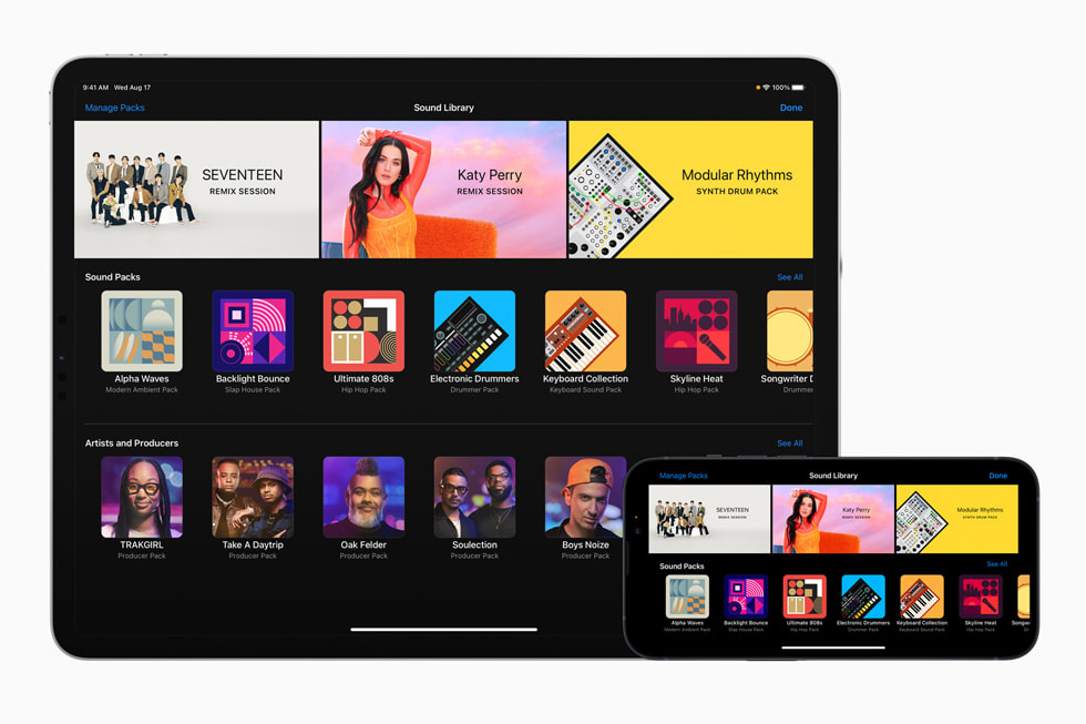 Aplikacja GarageBand na iPadzie Pro i iPhonie 13 Pro z sesjami remiksów piosenek Katy Perry i SEVENTEEN.