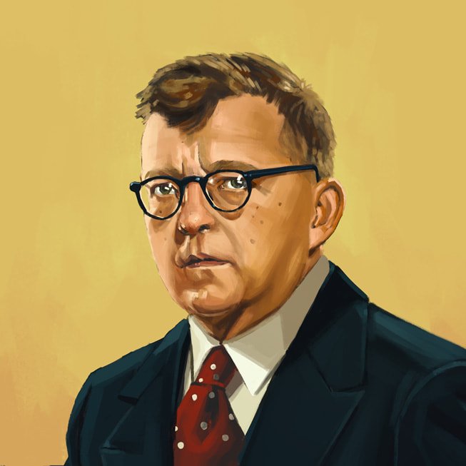 Portræt af Shostakovich lavet særligt til Apple Music Classical.
