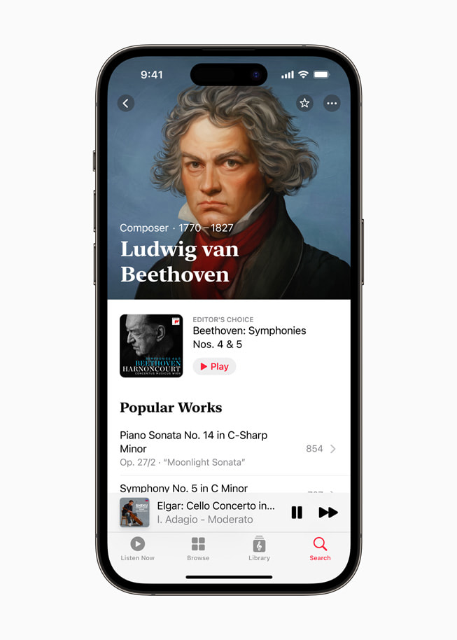 Se muestran los resultados de búsqueda de Ludwig van Beethoven en Apple Music Classical.