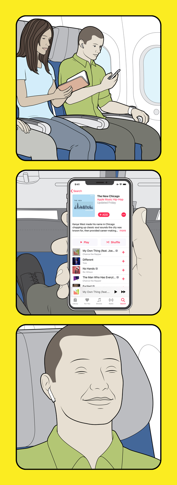 An illustration demonstrating how to listen to Apple Music on American Airlines.