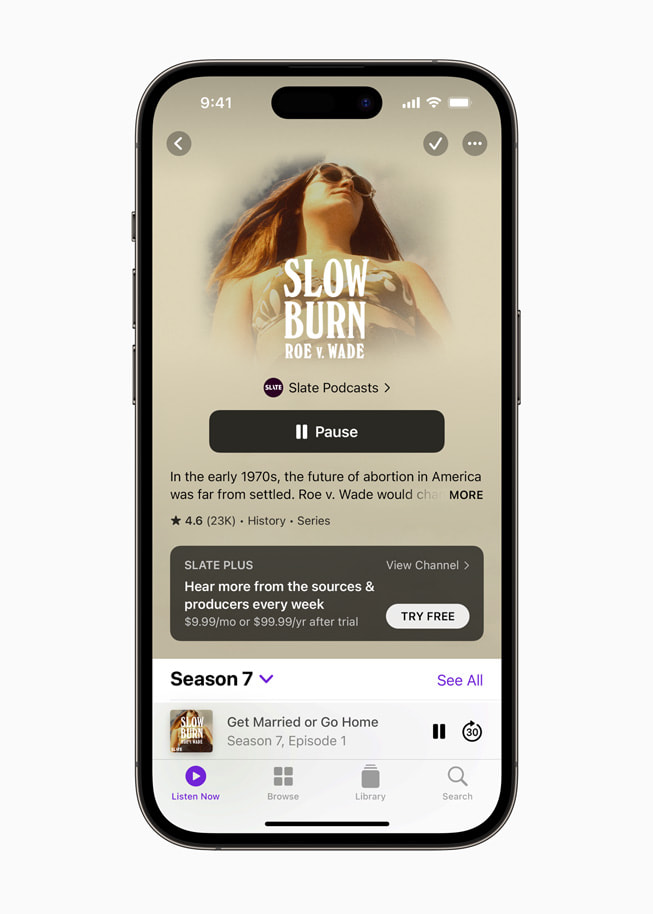 Slow Burn season seven’s show page in Apple Podcasts on iPhone 14 Pro.
