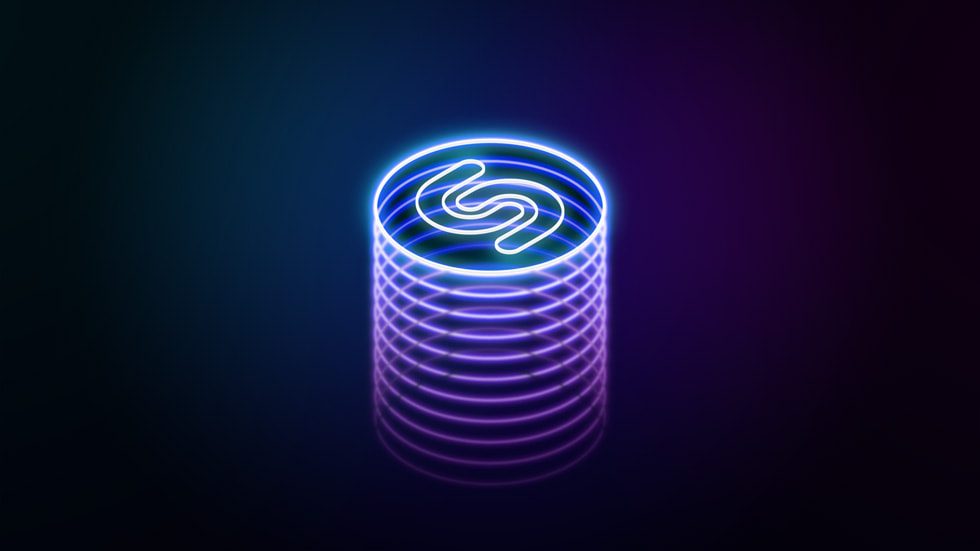 The Shazam logo is illustrated in neon against a black background.
