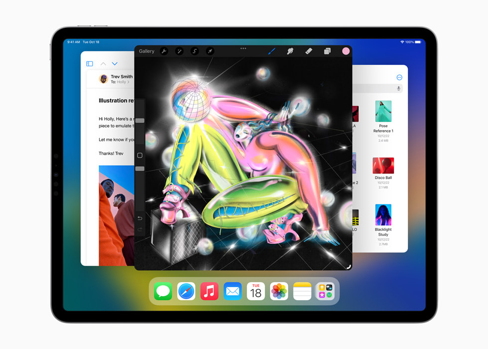 iPadOS 16 中的 Procreate 和「郵件」使用「螢幕縮放」功能，展示於新款 12.9 吋 iPad Pro 上。
