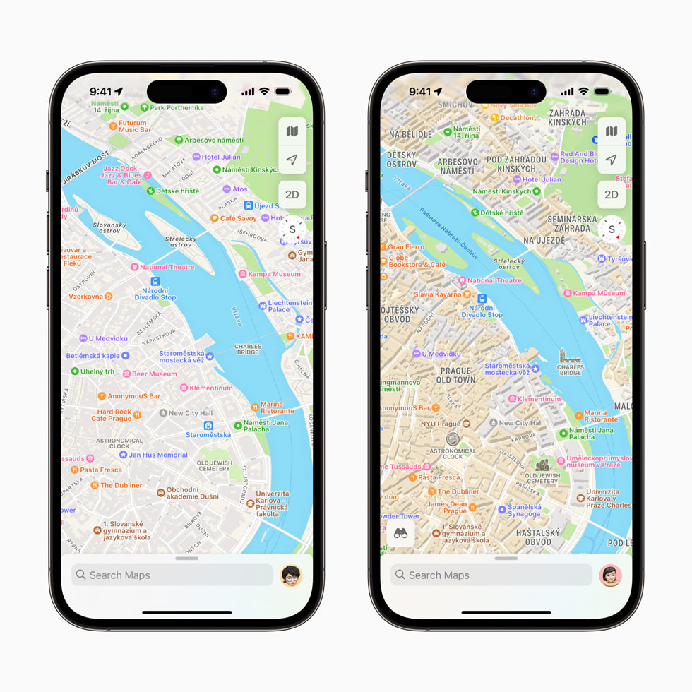 Bildvergleich von Tschechien in der überarbeiteten Karten App auf dem iPhone 14 Pro, die mehr Details als die vorherige Version zeigt.