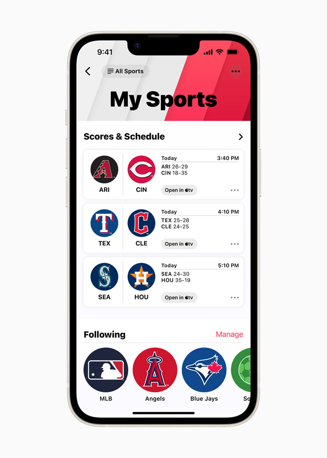 Het gedeelte ‘My Sports’ in Apple News in iOS 16 op iPhone 14.