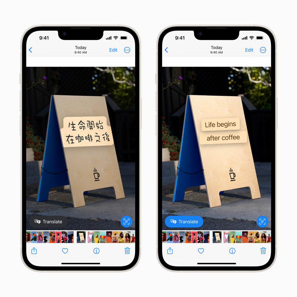 Et skilt oversettes ved hjelp av intelligens på enheten med Tekst i Objektivet-funksjonen med iOS 16 på iPhone 14.