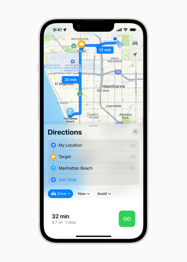 Ruter med flere stopp i Kart med iOS 16 på iPhone 14.