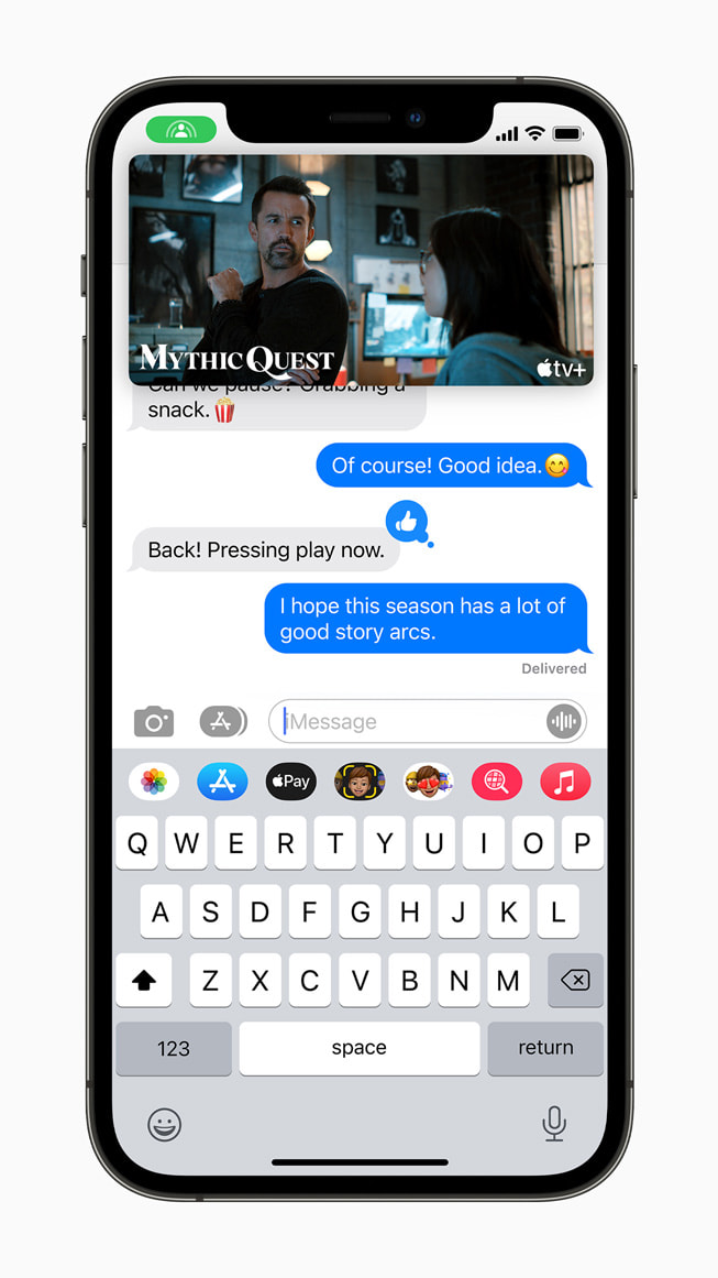 Apple TV SharePlay session among friends chatting in Messages displayed on iPhone 12 Pro.