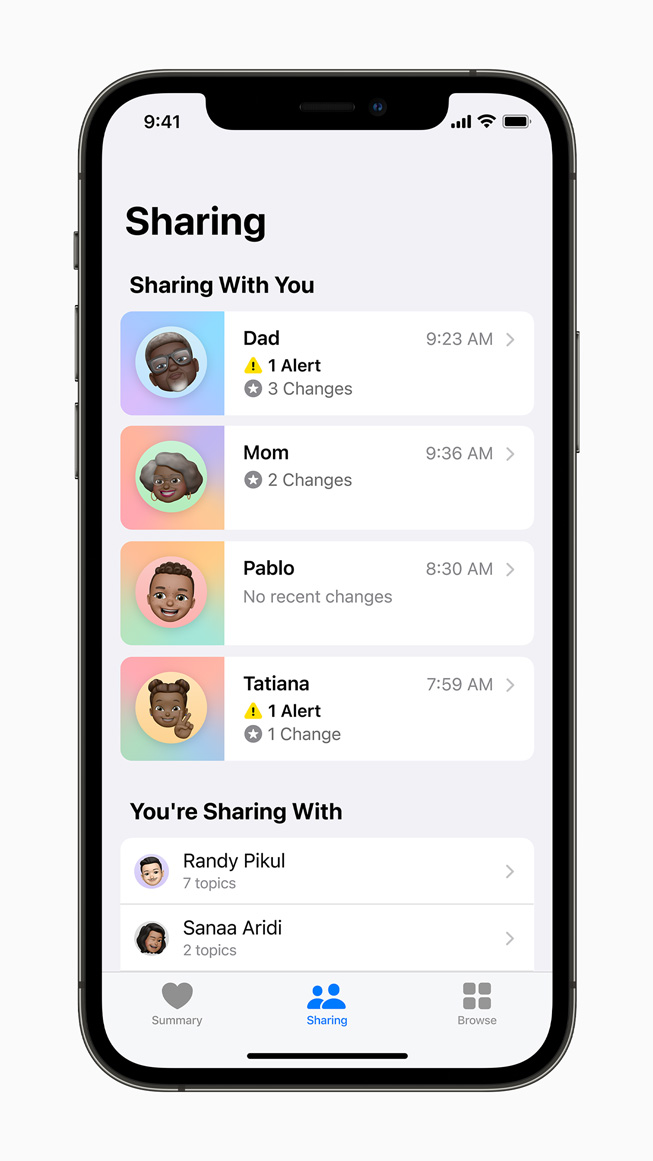 Compartir en la aplicación Salud que se muestra en el iPhone 12 Pro.
