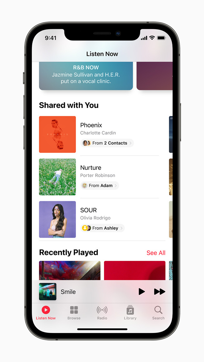 Shared With You feature in Apple Music displayed on iPhone 12 Pro.