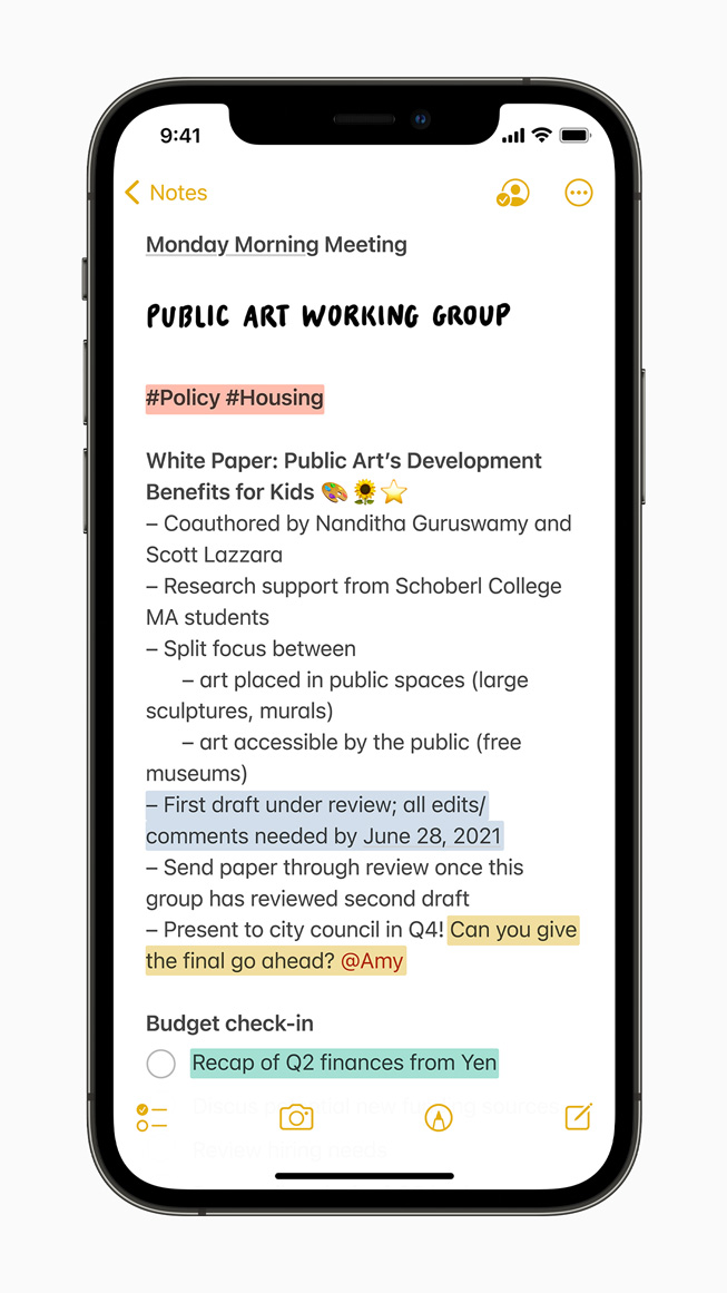 The new tagging feature in Notes displayed on iPhone 12 Pro. 