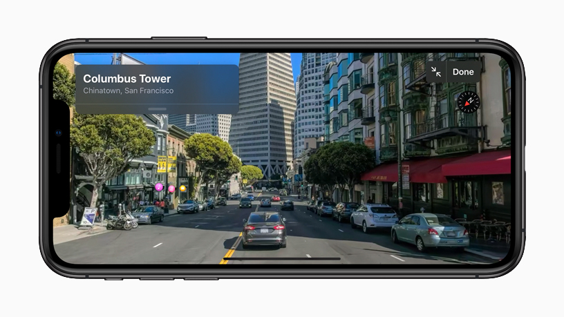 A street view of Columbus Tower showcasing the new Look Around features in Maps.