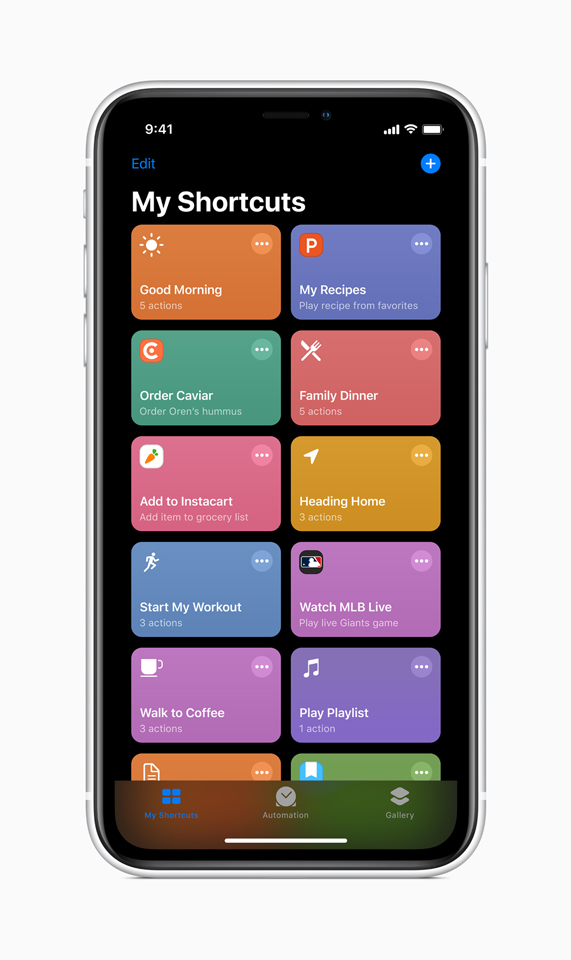 iPhoneに表示されたiOS 13のMy Shortcuts画面。