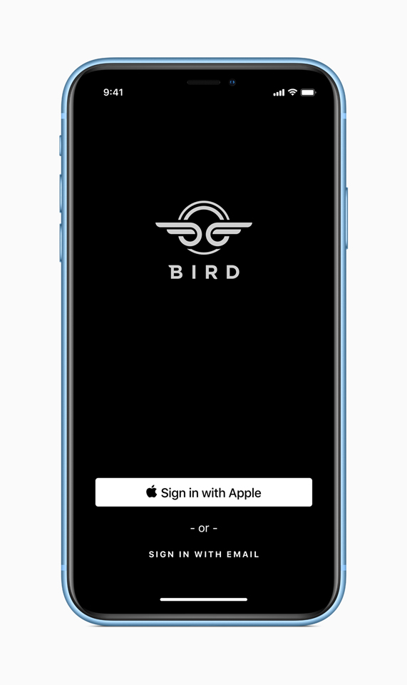 La pantalla de inicio de sesión de la app Bird con iOS 13 en el iPhone. 