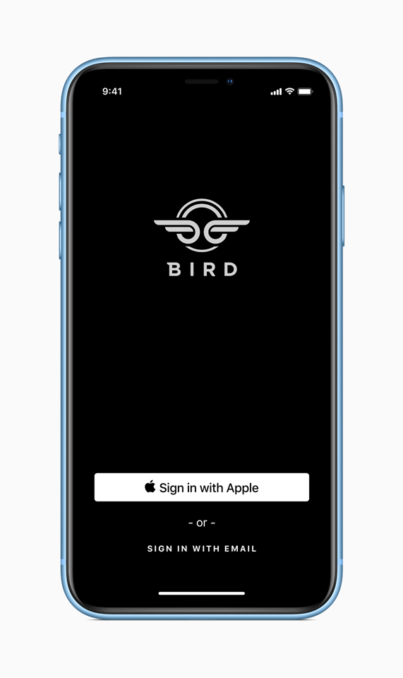 iPhone ä¸ Bird app ç iOS 13 ç»å¥ç«é¢ã